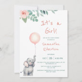 かわいい象の水彩風船ピンクの赤ちゃんシャワー 招待状 (正面)