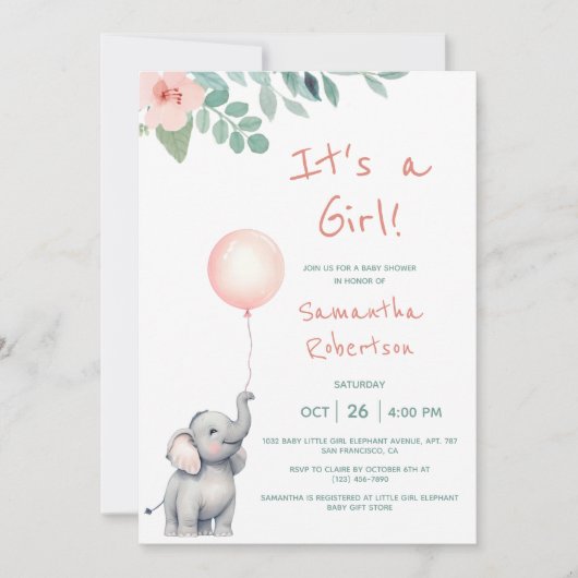 かわいい象の水彩風船ピンクの赤ちゃんシャワー 招待状 (正面)