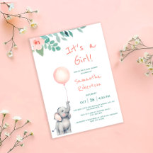 かわいい象の水彩風船ピンクの赤ちゃんシャワー