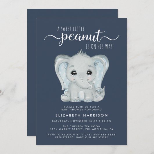 かわいい象の水色の男の赤ちゃんシャワー 招待状 (正面/裏面)