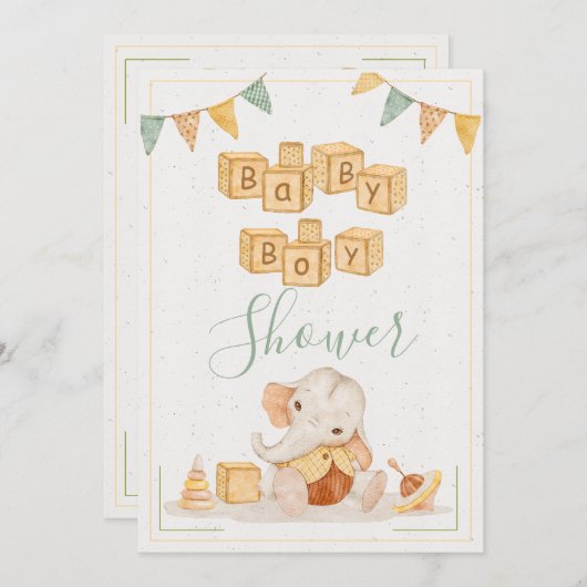 かわいい象の水色シンプル男の赤ちゃんシャワー 招待状 (正面/裏面)