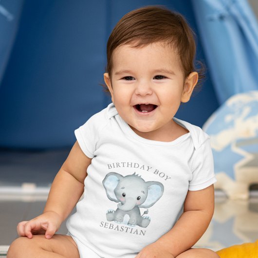 かわいい象の水色1歳の誕生日ボーイ ベビーボディスーツ