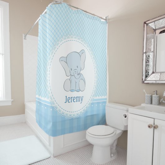かわいい象の淡いブルーの格子縞の子供への子供 シャワーカーテン (インサイチュ)