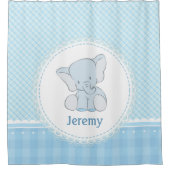 かわいい象の淡いブルーの格子縞の子供への子供 シャワーカーテン (正面)