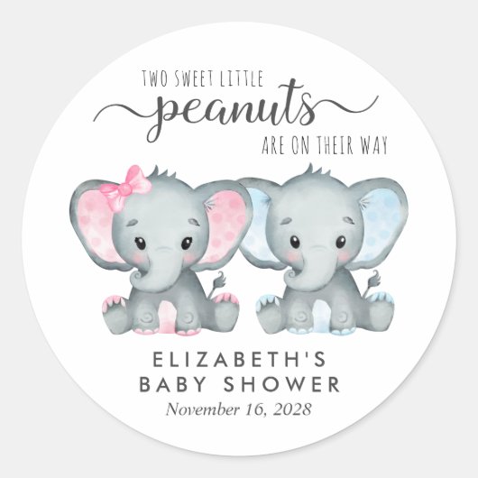 かわいい象の男の子と女の子の双子の赤ちゃんシャワー ラウンドシール (正面)