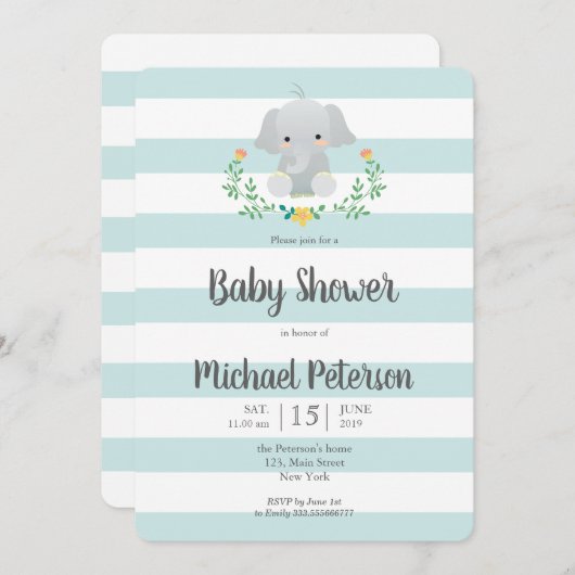 かわいい象の男の子のシャワー招待 招待状 (正面/裏面)