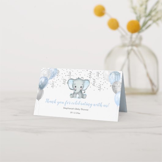 かわいい象の男の子バルーン赤ちゃんシャワーゲスト名 プレイスカード (正面)