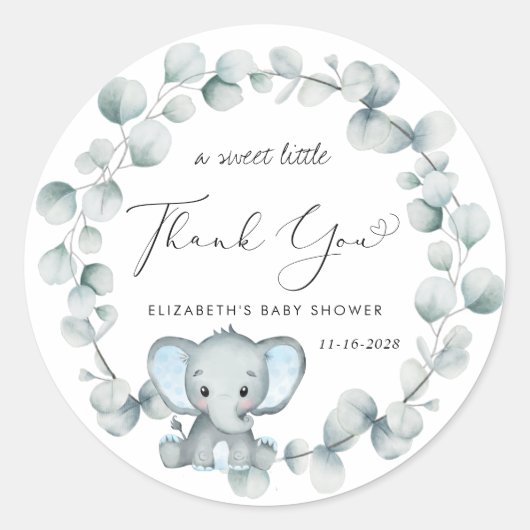 かわいい象の男の赤ちゃんシャワーサンキュー ラウンドシール (正面)