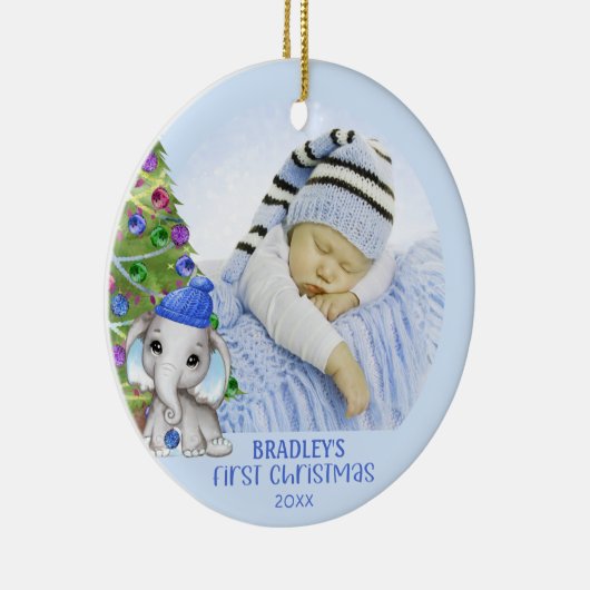 かわいい象の男の赤ちゃん初めてのクリスマスフォトブルー セラミックオーナメント (右)