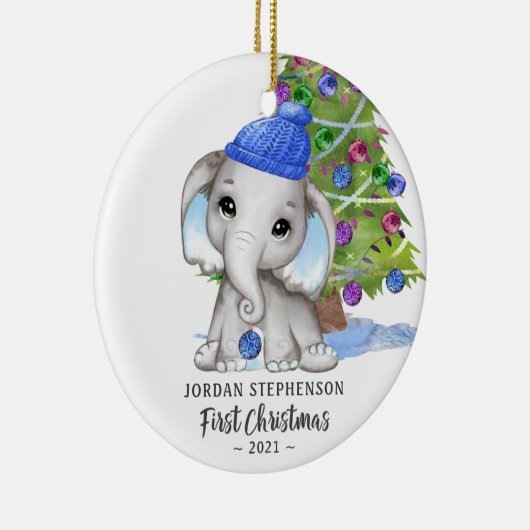 かわいい象の男の赤ちゃん初めてのクリスマス写真 セラミックオーナメント (右)