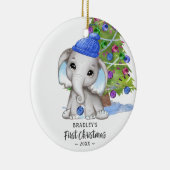 かわいい象の男の赤ちゃん初めてのクリスマス写真 セラミックオーナメント (右)