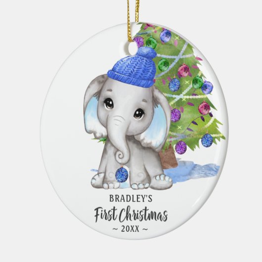 かわいい象の男の赤ちゃん初めてのクリスマス写真 セラミックオーナメント (左)