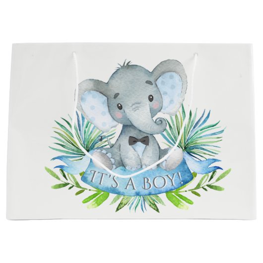 かわいい象の男の赤ちゃん赤ちゃんシャワー ラージペーパーバッグ (正面)