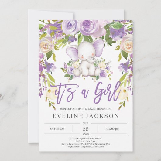 かわいい象の紫の花の農村風ベイビーシャワー 招待状 (正面)