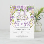 かわいい象の紫の花の農村風ベイビーシャワー 招待状 (スタンド正面)