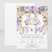 かわいい象の紫の花の農村風ベイビーシャワー 招待状 (正面/裏面)