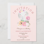かわいい象の花模様女の子2nd誕生日ピンクパーティー 招待状 (正面)