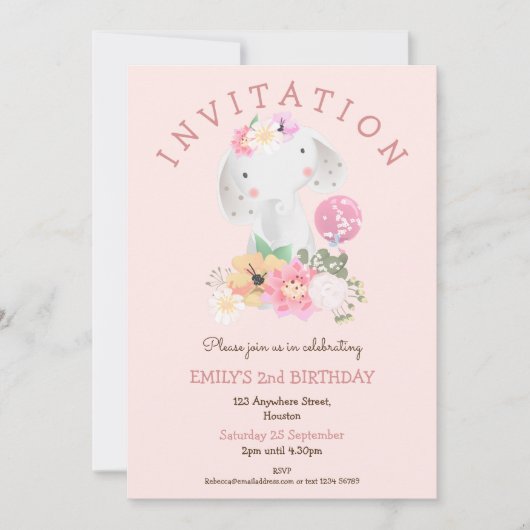かわいい象の花模様女の子2nd誕生日ピンクパーティー 招待状 (正面)