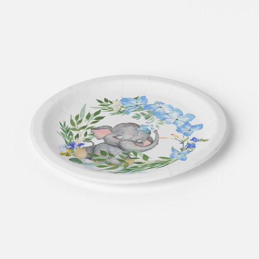 かわいい象の花模様葉の青い赤ちゃんシャワー ペーパープレート (アングル)