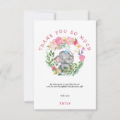 かわいい象の花模様葉ピンクの赤ちゃんシャワー サンキューカード (正面)