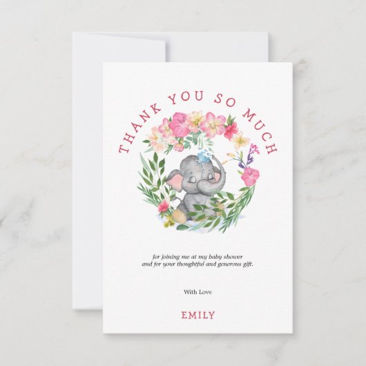 かわいい象の花模様葉ピンクの赤ちゃんシャワー サンキューカード (正面)