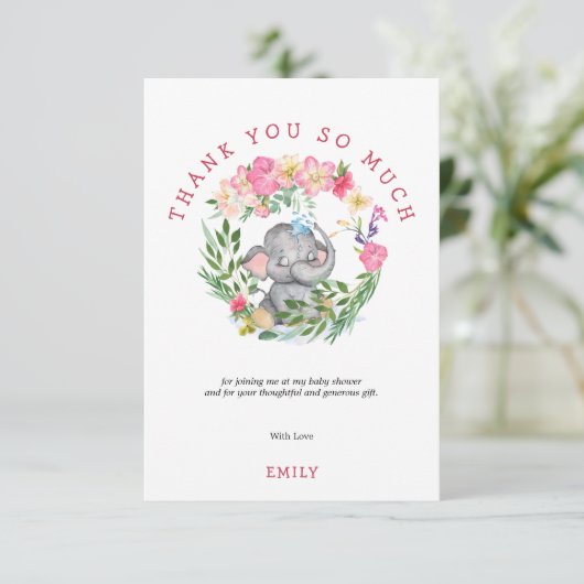 かわいい象の花模様葉ピンクの赤ちゃんシャワー サンキューカード (スタンド正面)