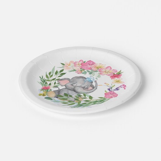 かわいい象の花模様葉ピンクの赤ちゃんシャワー ペーパープレート (アングル)