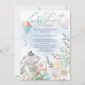 かわいい象の花模様赤ちゃんシャワーピクニックボーイ 招待状 (正面)