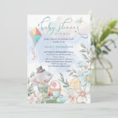 かわいい象の花模様赤ちゃんシャワーピクニックボーイ 招待状 (スタンド正面)