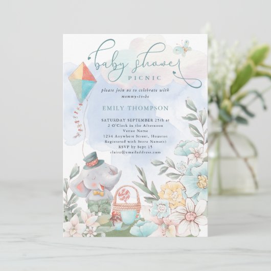 かわいい象の花模様赤ちゃんシャワーピクニックボーイ 招待状 (スタンド正面)