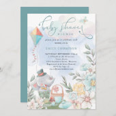 かわいい象の花模様赤ちゃんシャワーピクニックボーイ 招待状 (正面/裏面)