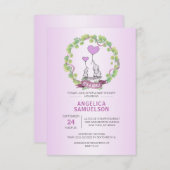 かわいい象の花輪 紫 ラベンダー ベビーシャワー 招待状 (正面/裏面)