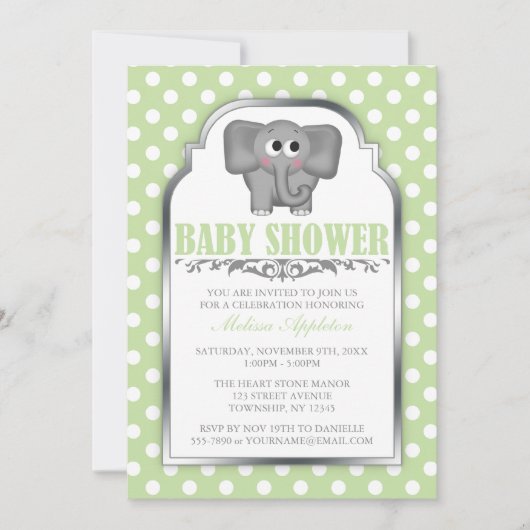 かわいい象の薄緑の水玉模様のベビーシャワー 招待状 (正面)