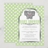 かわいい象の薄緑の水玉模様のベビーシャワー 招待状 (正面/裏面)