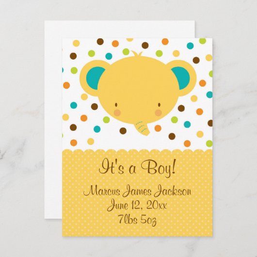 かわいい象の誕生の発表少年 案内ポストカード (正面/裏面)