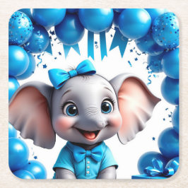 かわいい象の誕生日バルーン パーティー 🐘 スクエアペーパーコースター