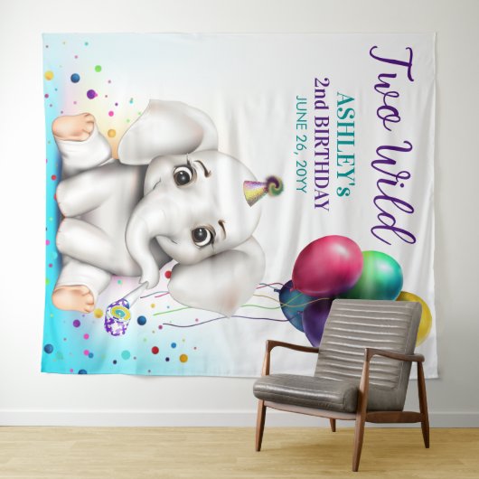 かわいい象の誕生日パーティーの背景 タペストリー (インサイチュ(横))