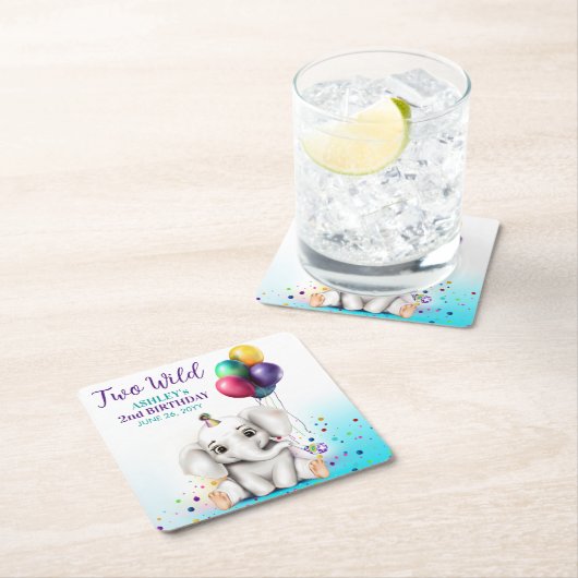 かわいい象の誕生日パーティー スクエアペーパーコースター (インサイチュ)