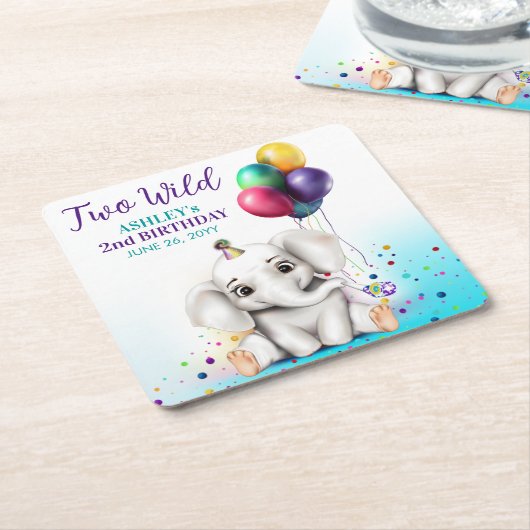 かわいい象の誕生日パーティー スクエアペーパーコースター (アングル)