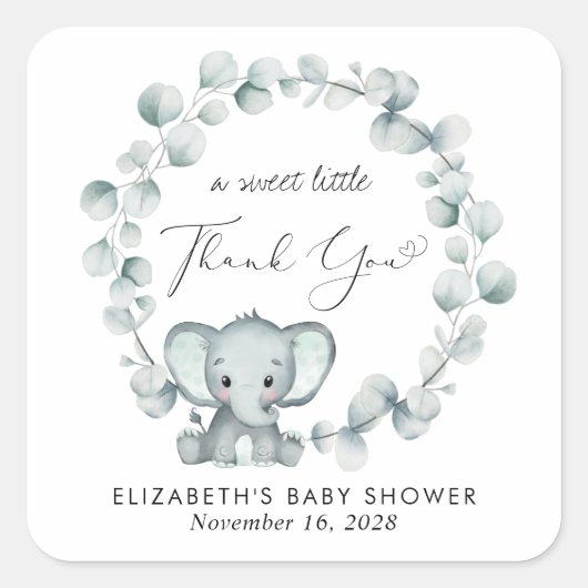 かわいい象の赤ちゃんシャワーありがとう スクエアシール (正面)
