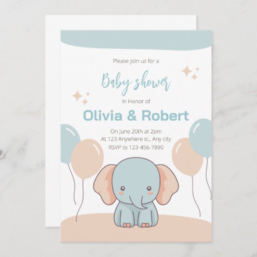 かわいい象の赤ちゃんシャワーの招待状 招待状 (正面/裏面)