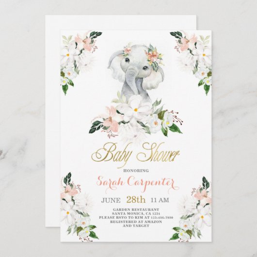 かわいい象の赤ちゃんシャワー女の子 招待状 (正面/裏面)