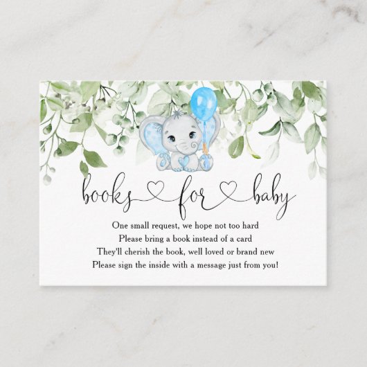 かわいい象の赤ちゃんシャワー少年の本ベビー エンクロージャーカード (正面)