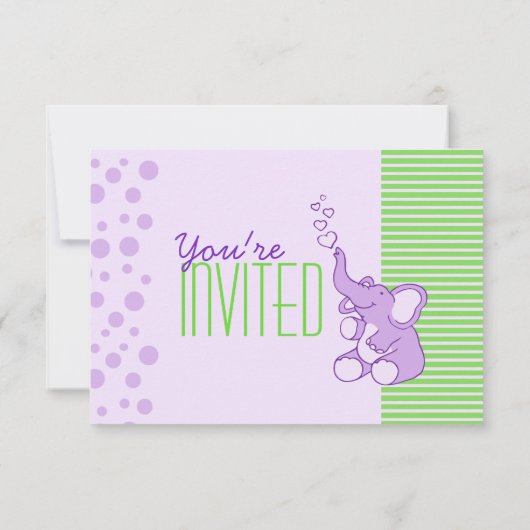 かわいい象の赤ちゃんシャワー紫の緑の招待 招待状 (裏面)