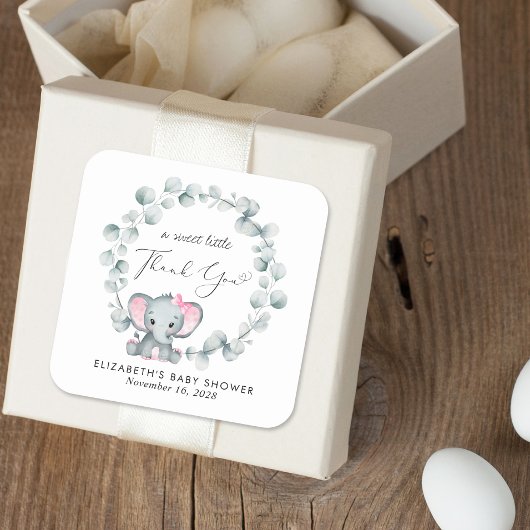 かわいい象の赤ちゃん女の子シャワーありがとう スクエアシール