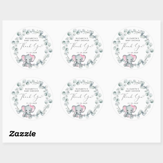 かわいい象の赤ちゃん女の子シャワーありがとう ラウンドシール (シート)