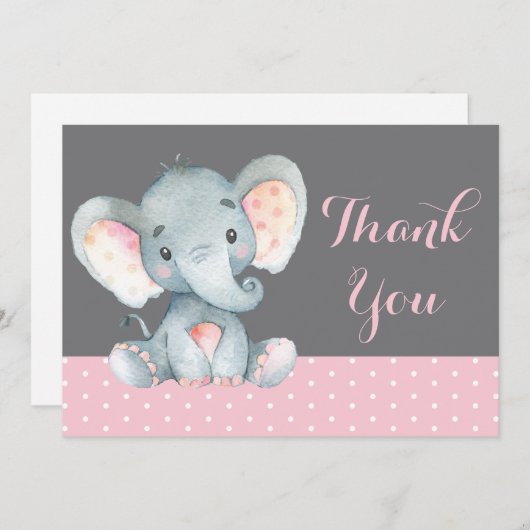 かわいい象の赤ちゃん少女ピンクとグレー サンキューカード (正面/裏面)
