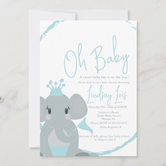 かわいい象の赤ちゃん男の子優雅なスクリプトベイビーシャワー 招待状 (正面)