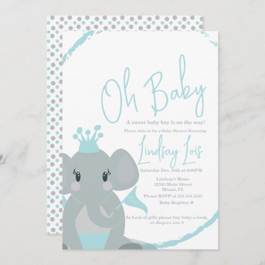 かわいい象の赤ちゃん男の子優雅なスクリプトベイビーシャワー 招待状 (正面/裏面)