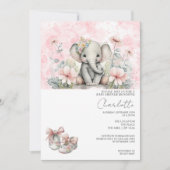 かわいい象の赤ちゃん花付き女の子の赤ちゃんシャワー 招待状 (正面)